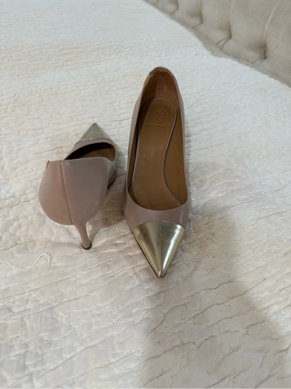 Tory Burch Pointed Kitten Heel Pump in Blush with Gold Cap